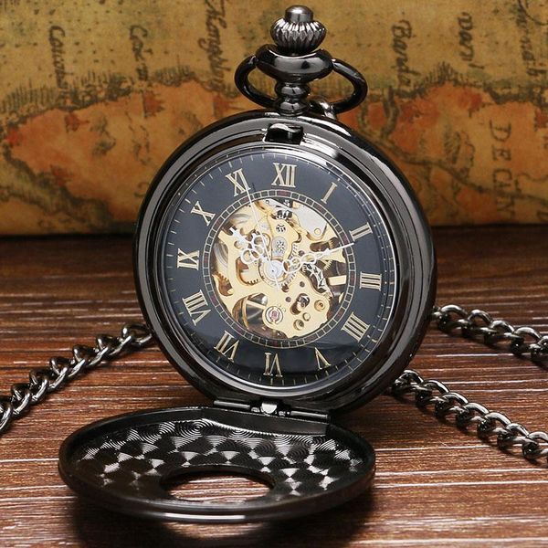 Relojes de bolsillo Vintage de lujo de Metal negro reloj mecánico Steampunk Pin cadena hombres mujeres reloj colgante regalo con bolsillo