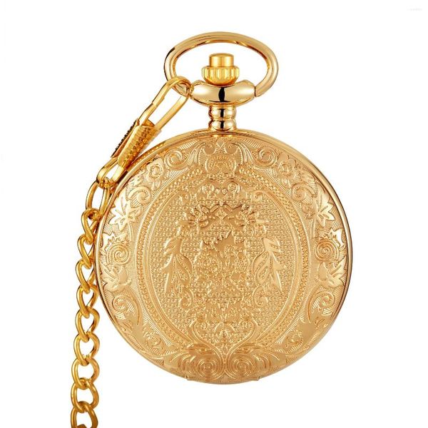 Montres de poche Vintage luxe or sculpture montre à quartz pour hommes gravé boîtier doré Fob chaîne horloge collection collier montres2023