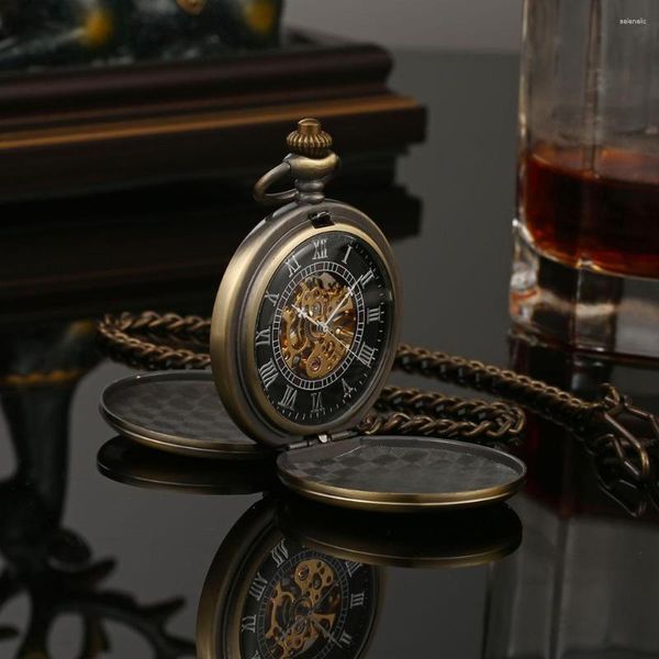 Relojes de bolsillo Reloj mecánico vintage para hombre Reloj con esfera romana de doble cara Plata Negro Oro Cuerda a mano Fob con cadena Regalo antiguo