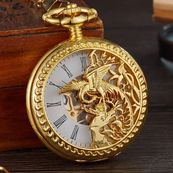 Relojes de bolsillo Reloj de bolsillo mecánico vintage Hueco Phoenix Bird Reloj esqueleto romano Cuerda manual Hombres Relojes de cadena Fob Reloj de doble caja 231208