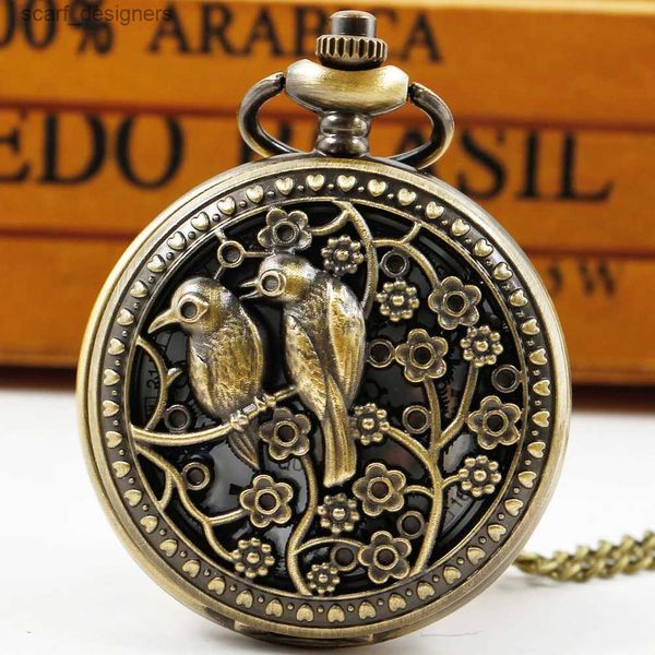 Montres de poche Vintage Quartz Pocket Hollow Out Magpies Flower Bird Flip Cover Chain Pendant ES Relgio de Bolso Y240410