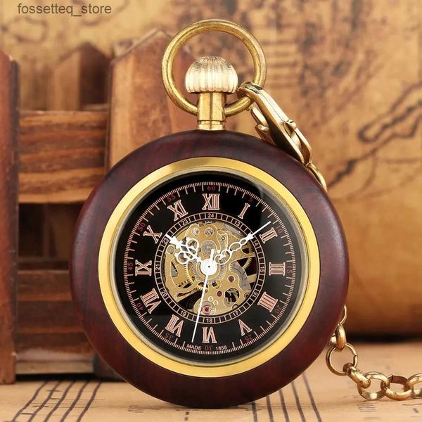 Montres de poche Vintage en bois rouge pour hommes, automatique, mécanique, chiffres romains, cadran ouvert, Design Antique élégant, pendentif, horloge mâle L240322