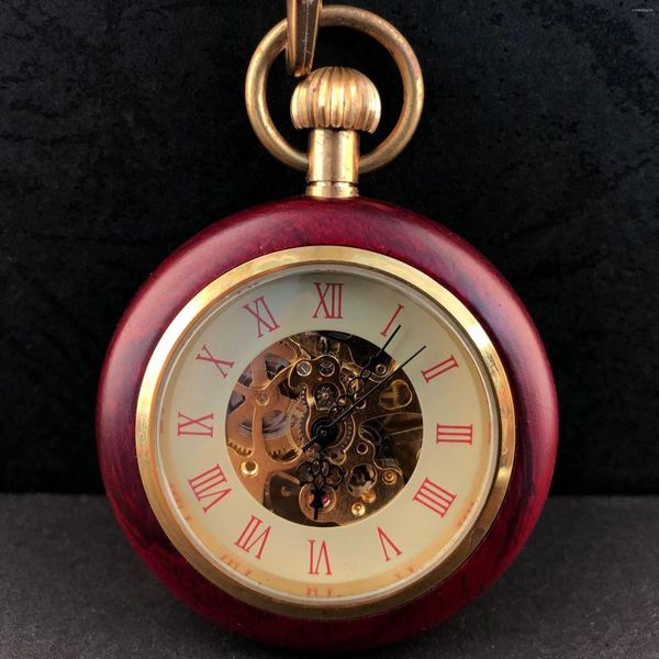 Montres De Poche Vintage Rouge Bois Montre Ronde Steampunk Antique Mécanique Mur Hommes Femmes Horloge Universelle Cadeau Reloj De Bolsillo