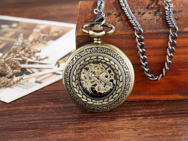 Relojes de bolsillo Vintage Retro antiguo Steampunk Reloj números romanos automático mecánico hombres con cadena FOB regalo Reloj Hombre