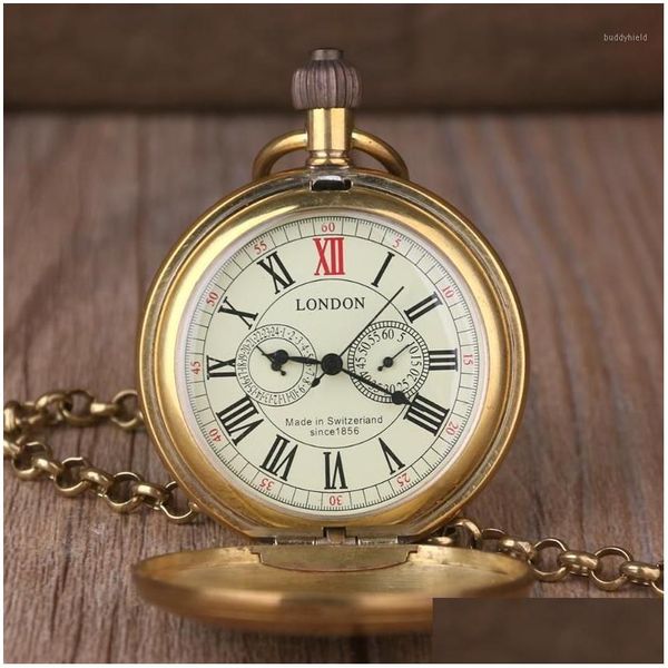 Montres de poche Vintage rétro cuivre montre hommes alliage Londres mécanique avec chaîne en métal Steampunk Roman1 livraison directe Otfnp