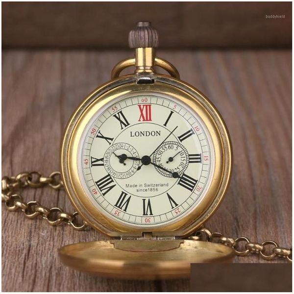 Relojes de bolsillo Vintage Retro Reloj de cobre Hombres Aleación Londres Mecánico con cadena de metal Steampunk Roman1 Drop Entrega Otgwm