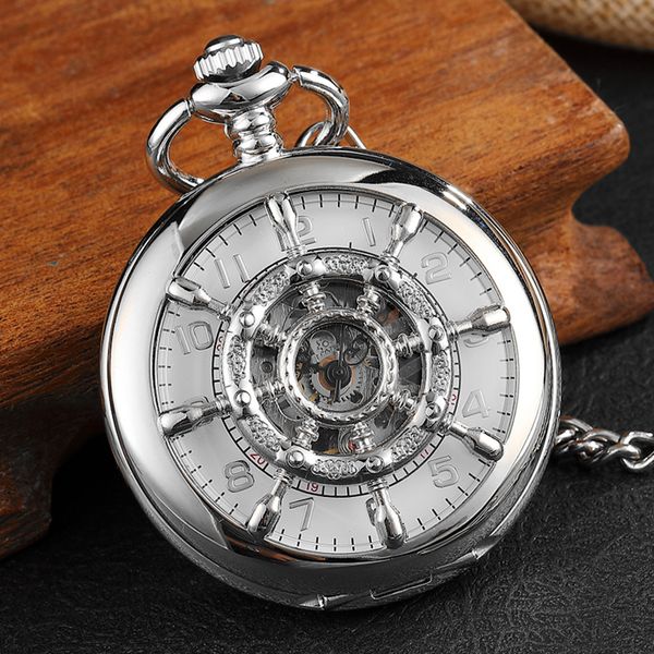 Relojes de bolsillo Reloj de bolsillo mecánico con diseño de timón y números romanos vintage Reloj de bolsillo de bronce Steampunk de doble cara único para hombre con cadena de regalo 230825