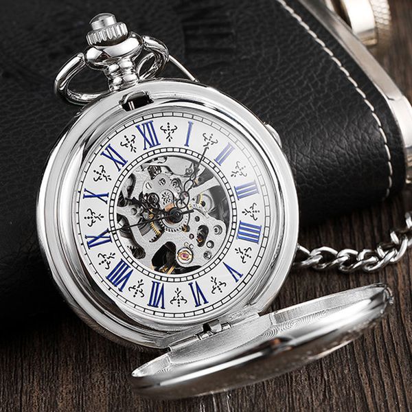 Relojes de bolsillo Vintage Plata Delicado Grabado Caso Steampunk Mano Viento Mecánico Reloj de bolsillo Collar Con Cadena Esqueleto Para Hombres Mujeres 230724