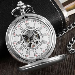 Montres de poche Vintage argent montre de poche mécanique homme main vent Steampunk collier Fob montre chaîne chiffres romains dame horloge pour femmes hommes 231208