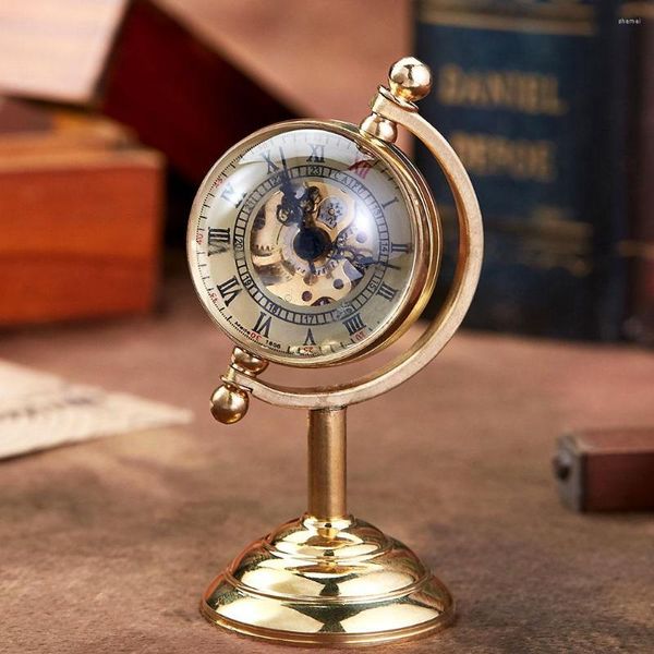 Montres de poche Vintage pour hommes, Globe rotatif doré, horloge de bureau, cadeau créatif pour montre, Table en cuivre mécanique