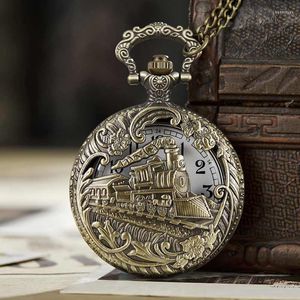 Relojes de bolsillo Vintage Steampunk Charm Tren tallado a vapor Fob Reloj de cuarzo Lindo collar estacionario Cadena Colgante Reloj Mujeres Hombres Regalo