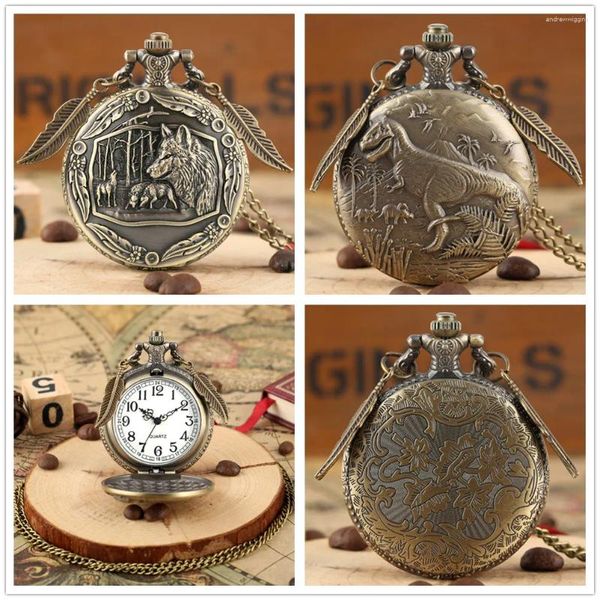 Relojes de bolsillo Vintage Steampunk bosque Lobo dinosaurio collar de cuarzo números arábigos Dial reloj antiguo completo regalo hombres mujeres