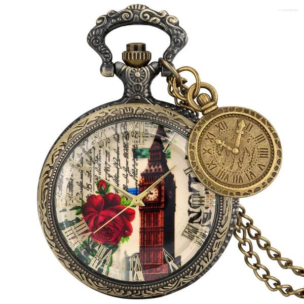 Relojes de bolsillo Estilo vintage Londres Landmark Dial Bronze Watch Cabecillo de vidrio transparente Collar Reloj Regalo