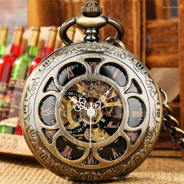 Montres de poche Style Vintage montre évider boîtier hommes remontage manuel mécanique chiffre romain FOB pendentif chaîne montre cadeau