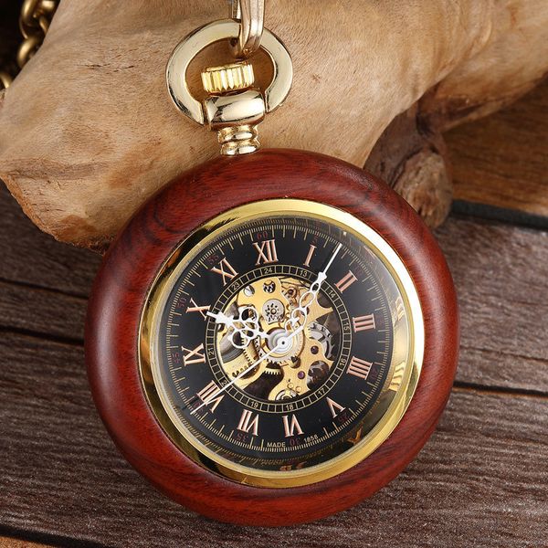 Montres de poche Vintage boîtier en bois montre de poche mécanique chiffres romains cadran main vent hommes montre squelette avec pendentif chaîne FOB pour homme dames 230825