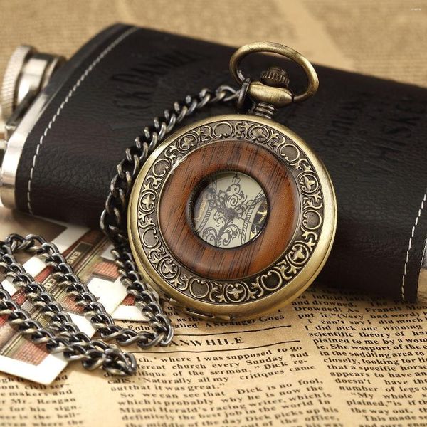 Montres de poche Vintage Bois Cercle Bronze Alliage Steampunk Squelette Remontage À La Main Montre Mécanique Chiffres Romains Chaîne Horloge Pendentif