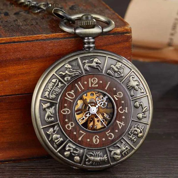 Relojes de bolsillo Círculo de madera vintage Tallado Mecánico Bolsillo Hombres Único Hueco Steampunk Esqueleto Número Dial Mecánico es Cadena L240322