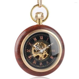 Montres de poche montre mécanique en bois Vintage remontage à la main squelette Fob avec chiffres romains pour hommes et femmes unisexe