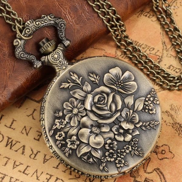 Montres de poche montre Bronze Vintage Antique cuivre Steampunk exquis sculpture Rose fleur Quartz collier pendentif horloge Thun22