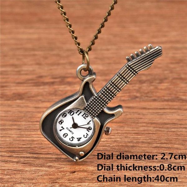 Relojes de bolsillo Reloj para hombres Mujeres Joyería Tamaño pequeño Bronce antiguo Forma de guitarra Cuarzo WatchPocketPocket