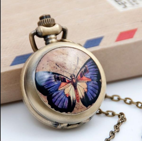 Montres de poche en gros 10 pièces/lot Bronze argent émail papillon petit miroir femme cadeau pendentif bonne qualité collier