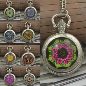 Relojes de bolsillo al por mayor moda cuarzo colorido clásico flor reloj collar mujer negro plata redondo convexo lente vidrio imagen regalo