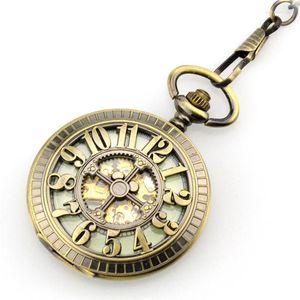 Pocket horloges xg277 skelet bronzen holle automatisch mechanisch horloge mannen vintage hand windklok groot nummer ketting fob