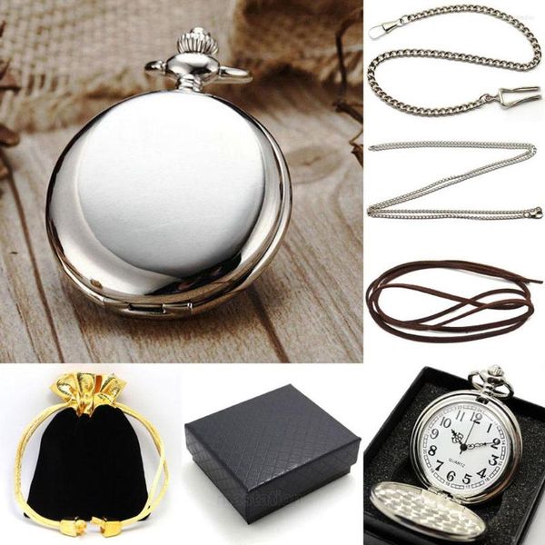 Relojes de bolsillo YISUYA Smooth Steampunk Skeleton Watch Set Plata / Negro Espejo Colgante Cadena Collar Bolsa de regalo Caja Hombres Reloj
