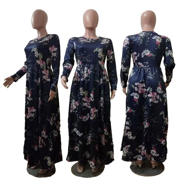 Robes imprimées florales poches taille Empire robe femmes fleur longue robe Maxi plissée décontracté élégant robes à manches longues robes CZYQ6685