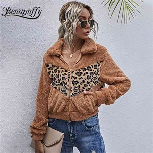 Pockets Patchwork Leopard Fleece Korte Jas Vrouwen Herfst Winter Mode Revers Rits Jassen Teddy Vrouwelijke Bovenkleding 210510