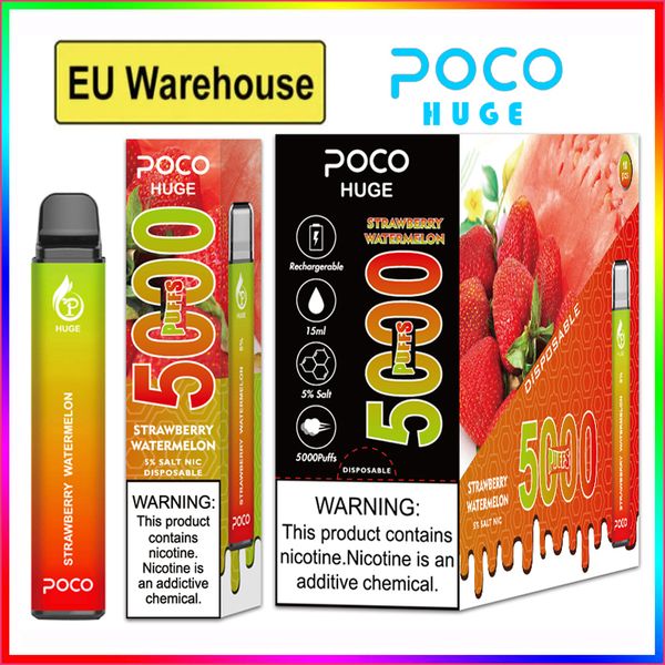 POCO Huge 5000 EU Warehouse 950mAh Tipo-C Cargador E líquido 15ML 1.2Ω Bobina de malla 5000 inhalaciones 10 sabores Nicotina 50 mg crazvapes