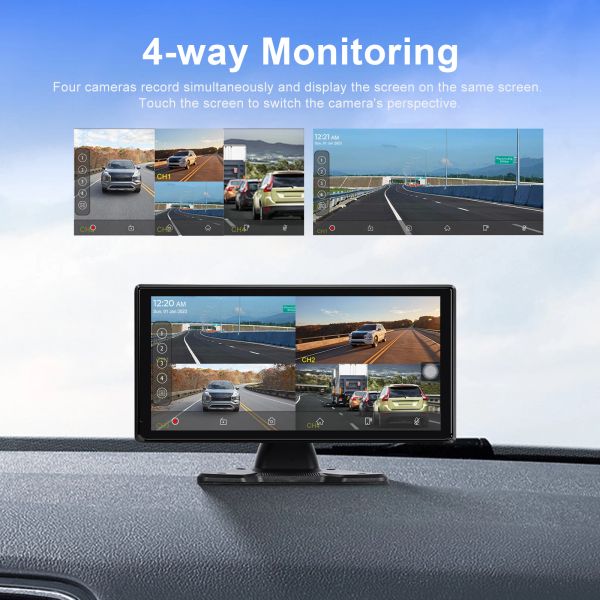 Podofo 10.36inch moniteur carplay moniteur portable Smart Player 4 Cameras Video Enregistrement Android Auto Airplay BT / FM pour Universal Truck