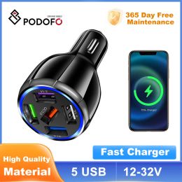 Podofo 5 ports USB Car Charge QC 3.0 Blue LED Interface Adaptateur de chargeur de chargement rapide