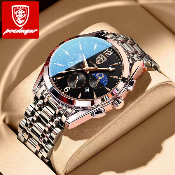 POEDAGAR 8298 relojes para hombres nueva moda de acero inoxidable fecha resistente al agua parte superior luminosa marca de lujo para hombres versión coreana reloj de cuarzo