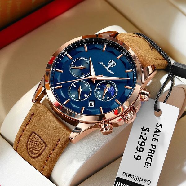 Poedagar Geatic Leather Homme Watch Fashion Luminar Calendar Stophatch Male Clock Male Taproof Moon Phase Quartz Wristwatch Man 240322