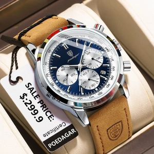 POEDAGAR montre de luxe pour homme de haute qualité étanche chronographe lumineux montre-bracelet pour homme en cuir hommes montres à Quartz horloge décontractée 240122
