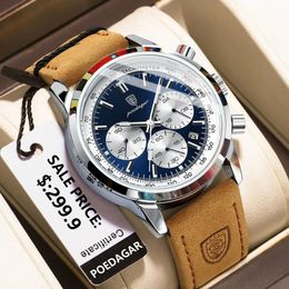 Poedagar Man Wristwatch Luxury Sport Geatic Leather Men Quartz Watch for Chronograph Imperproof Luminous Date Mens Watches 240322