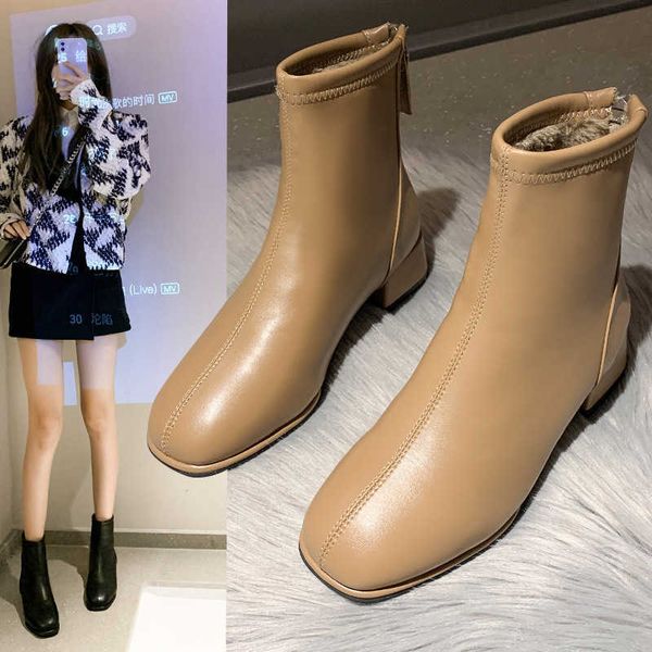 Pofulove Botas de invierno para mujer Tacones altos Botines de cuero de piel Zapatos de dama sexy Botas cálidas de felpa Tamaño de moda 41 42 43 L221018