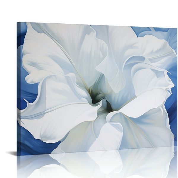 Pogusmavi Arte de la pared de lona de flores grandes para sala de estar grande Blanca azul Flower Pintura Decoración de la pared Decoración de pared del dormitorio