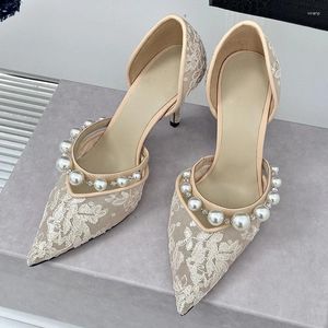 Pointu 830 Chaussures minces Robe Talon Single pour femmes classiques élégantes en dentelle perle haute exquise peu profonde 34578