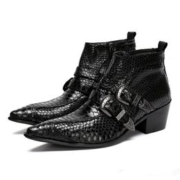 Mode pointu plus taille orteil alligator man fait à la main cowboy mâle paty project chaussures en cuir véritable talons hauts de la cheville masculine c344