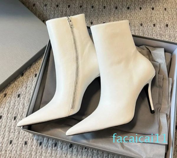 Botines de tacón puntiagudo con cremallera, tacón de aguja de cuero, botines de moda, zapatos de diseñador, zapatos formales de boda para fiesta para mujer