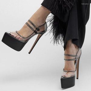 Puntige sandalen zwarte teen Clear PVC -platform Striertes Snijbanen Stiletto Heel Hollow Buckle Summer Women Party Shoes