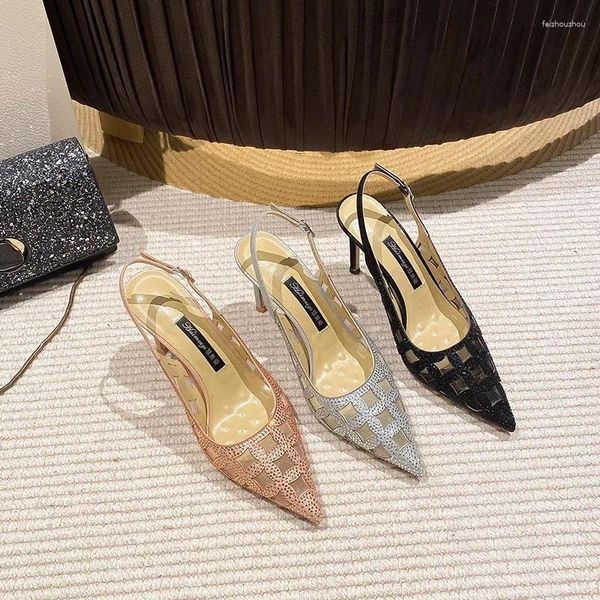 Sandales pointues Rhinestone Summer Mesh Hollow Out Shoe Single Shoe Thin High Heel Banquet Robe Polyle