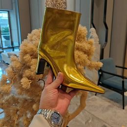 Bottes hautes à talons épais et pointus pour femmes, chaussures de fête dorées, défilé de mode, 35-43