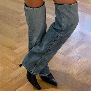 Botas de vaquero occidentales con tacones finos y puntiagudos, pantalón largo por encima de la rodilla, tacón alto para niñas picantes