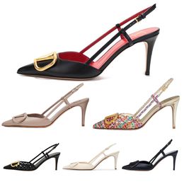 Puntige teen verstelbare riem dames sandalen met doos zachte binnenzool casual ontwerper luxe stiletto hiel feest outdoor v logo hoge hakken eenvoudige stijl