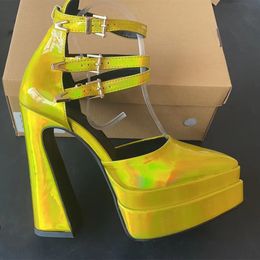 Bout pointu en cuir verni romain dames sandales été plate-forme Sexy chaussures de fête talons hauts Women2022 bas talons