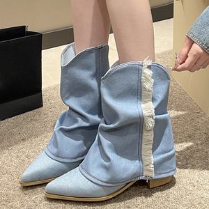 Bout pointu plissé Cowboy bottes pour femmes mode gland épais talons mi-mollet bottes femme sans lacet bleu Denim Botas