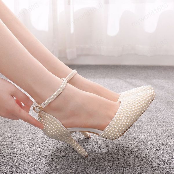 Zapatos de boda de perlas de marfil blanco con punta en pico, zapatos de tacón alto fino, sandalias con correa en el tobillo para novia, zapatos de fiesta para mujer